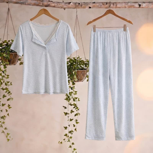 Soft Leopard Print Lace Trim Pajamas - Blue - XL - image 0