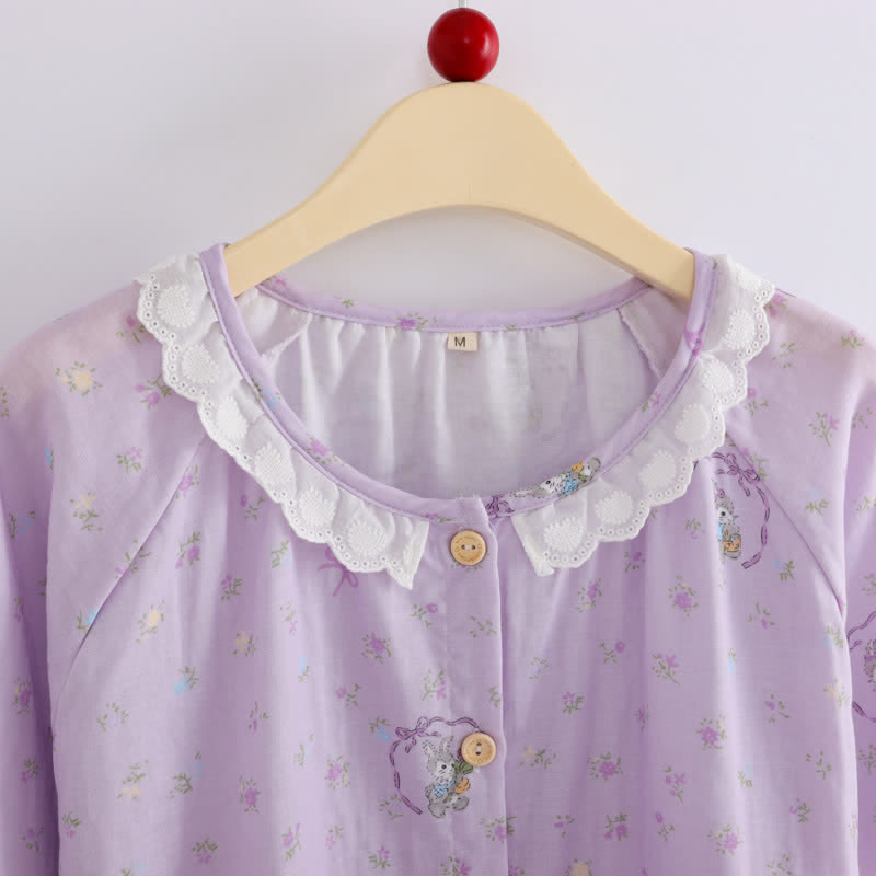 Purple Bunny & Floral Cotton Loungewear Set(3PCS) - image 4