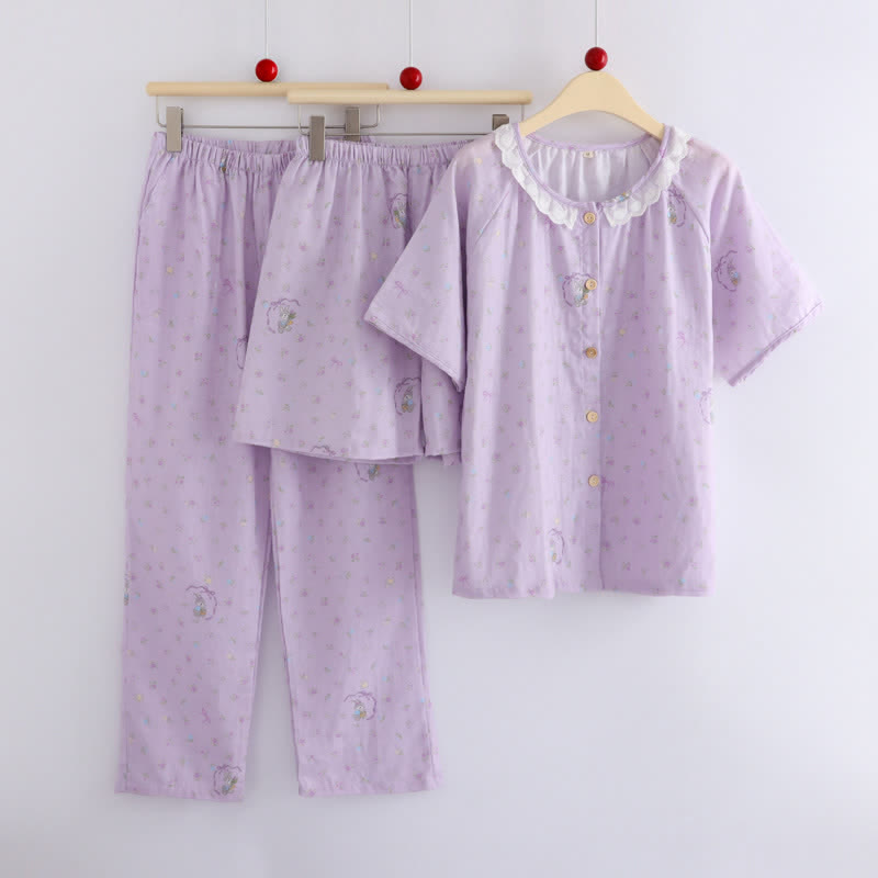 Purple Bunny & Floral Cotton Loungewear Set(3PCS) - image 2