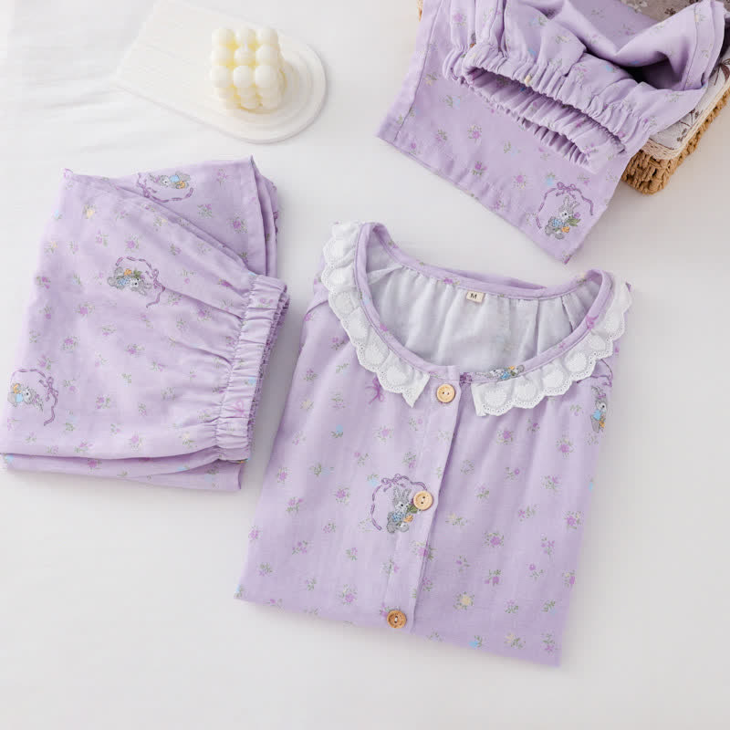 Purple Bunny & Floral Cotton Loungewear Set(3PCS) - image 1