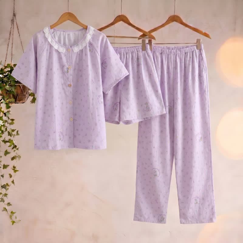 Purple Bunny & Floral Cotton Loungewear Set(3PCS) - Purple - XL - image 0