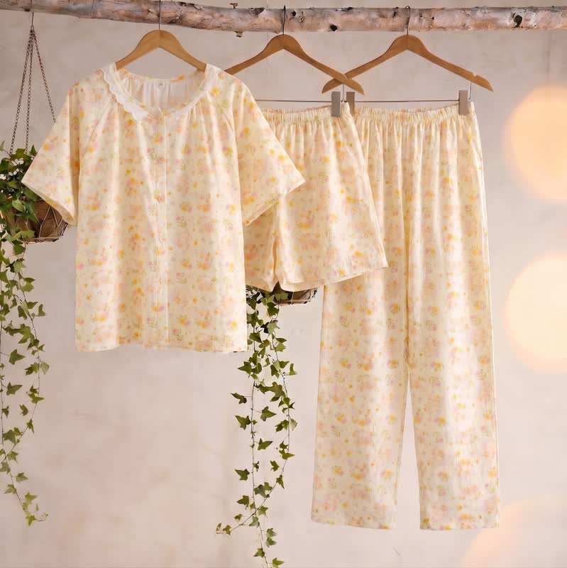 Apricot Floral Cotton Ruffle Loungewear Set(3PCS) - Apricot - XL - image 0