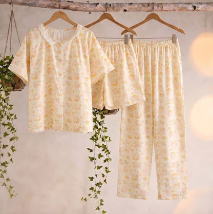Apricot Floral Cotton Ruffle Loungewear Set(3PCS) - Apricot - XL - image 0