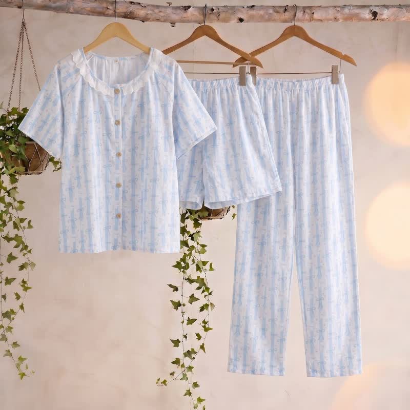 Blue Bow Print Cotton Ruffle Pajamas(3PCS) - Blue - XL - image 0