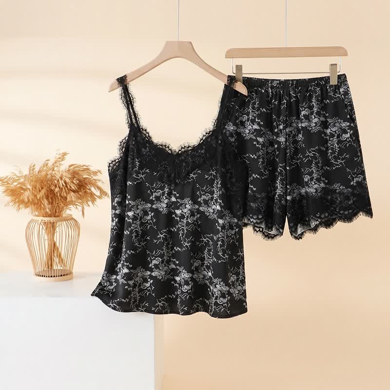 Black Floral Lace Cami Lounge Set - Black - 3XL - image 0
