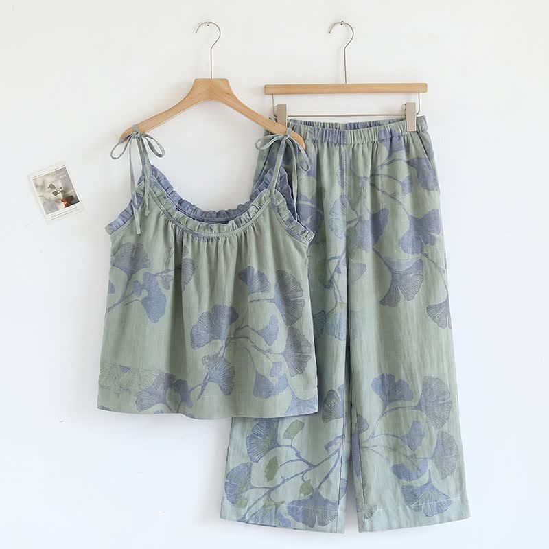Ginkgo Leaf Cami Ruffled Pajama Set - Light Green & Blue - XL - image 3
