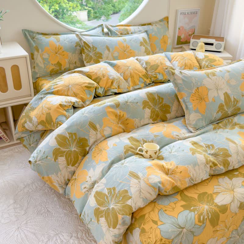 Lily Floral Cotton Double Gauze Bedding(4PCS) - King - image 0