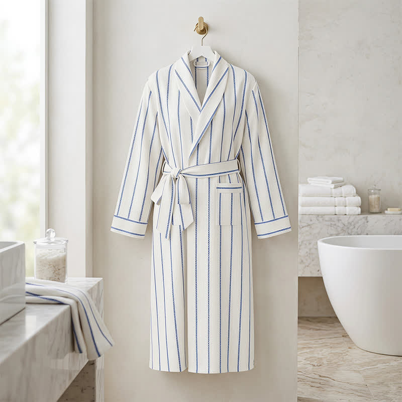 Blue Striped Cotton Long Bathrobe with Belt & Pockets - Blue - One Size - image 0