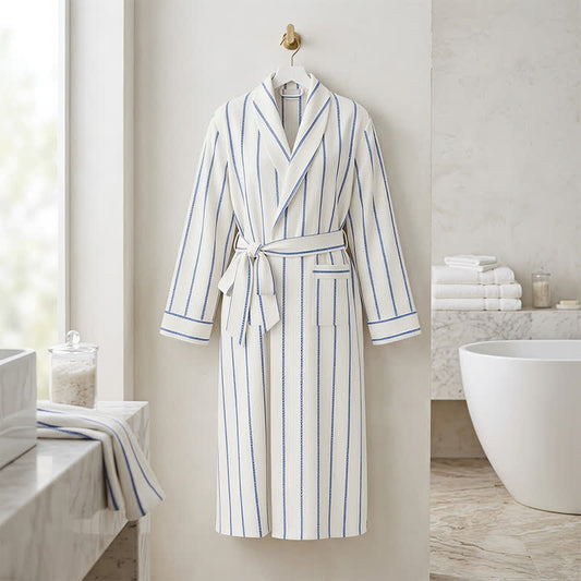 Blue Striped Cotton Long Bathrobe with Belt & Pockets - Blue - One Size - image 0