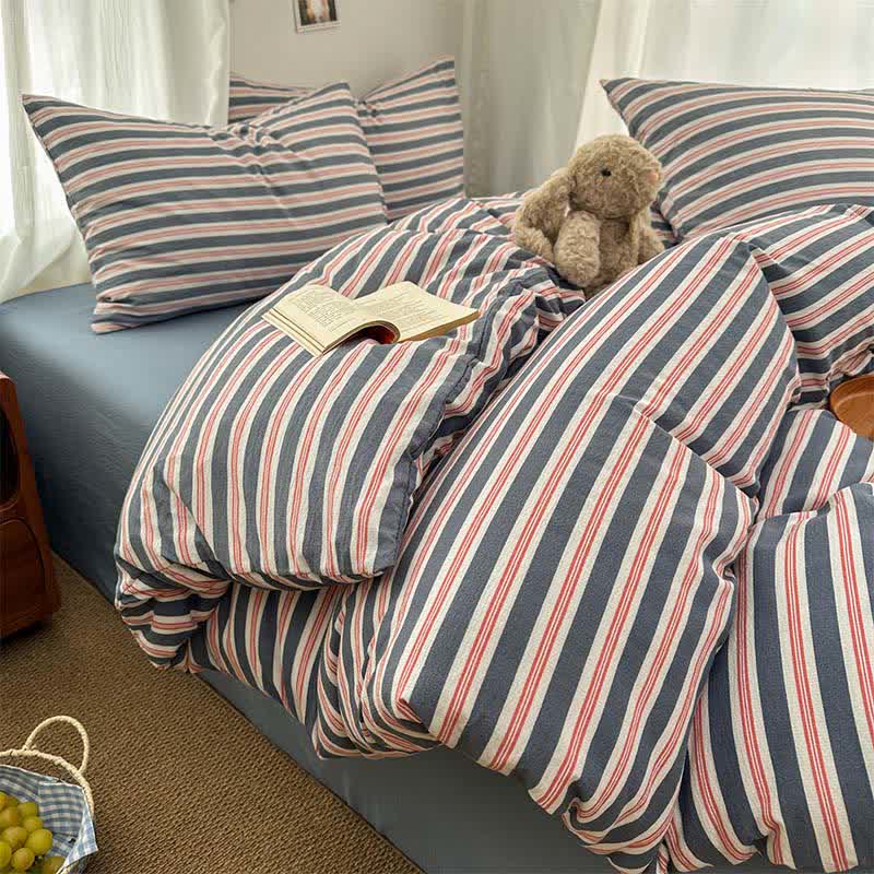 Minimalist Stripe Double Gauze Soft Bedding Set - Red & Blue - King - Duvet Cover - image 0
