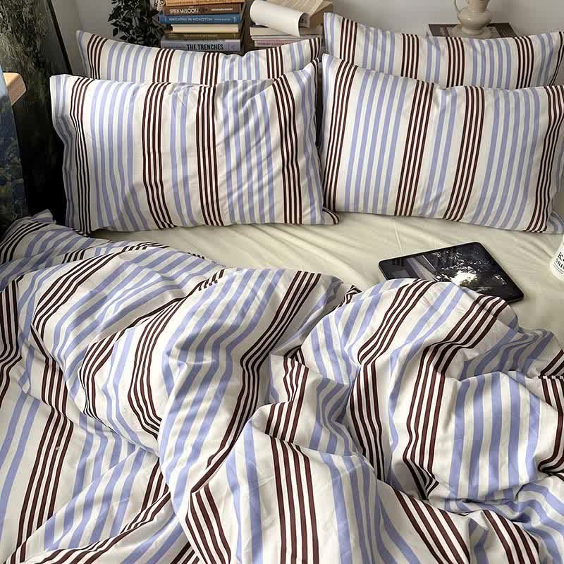 Retro Blue Brown Striped Cotton Bedding Set - Blue & Mocha - King - Fitted Sheet - image 0