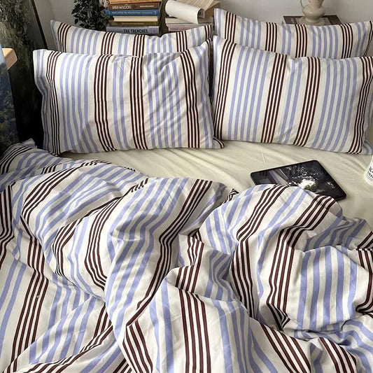 Retro Blue Brown Striped Cotton Bedding Set - Blue & Mocha - King - Fitted Sheet - image 0