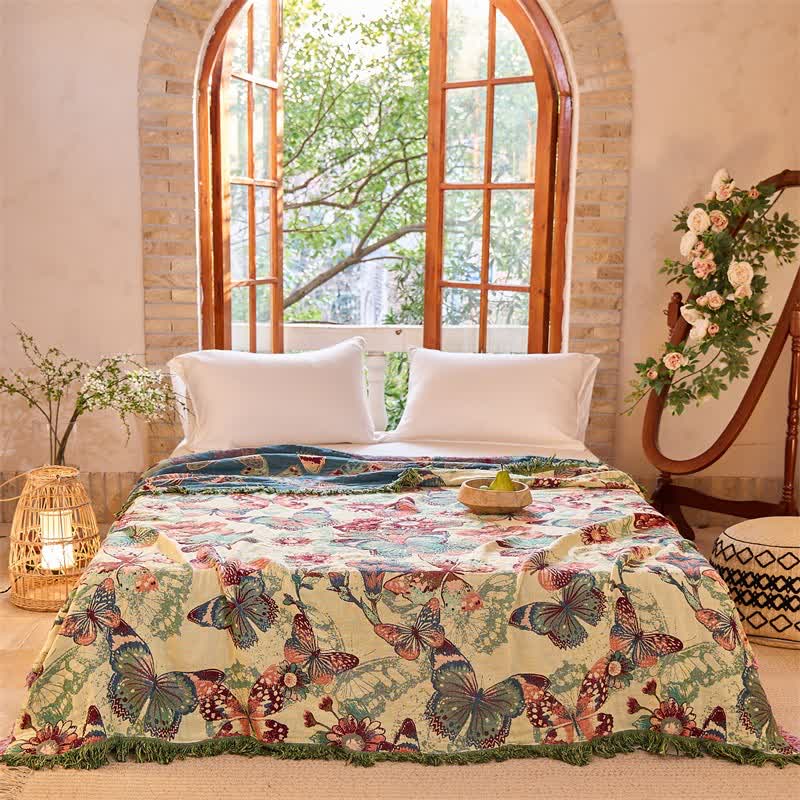 Enchanted Butterfly & Floral Muslin Bedspread Quilt - image 1