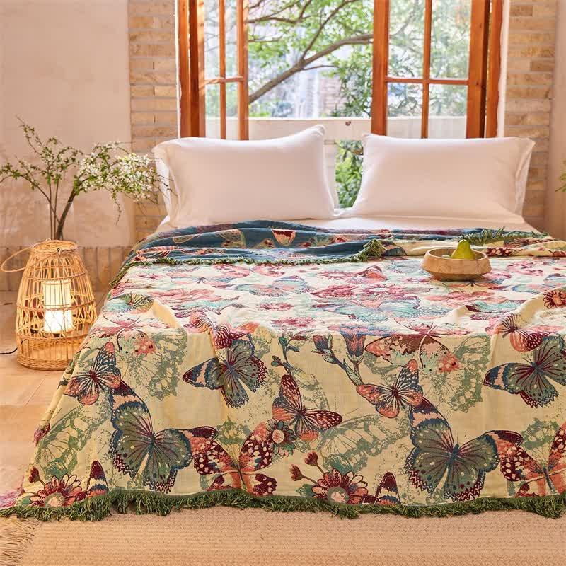 Enchanted Butterfly & Floral Muslin Bedspread Quilt - image 2