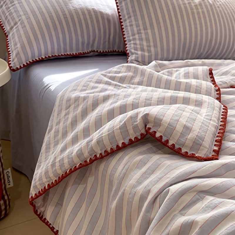 Blue Stripe Knitted Cotton Bedding Set - Blue - Queen - Bedding Set (4PCS) - image 0