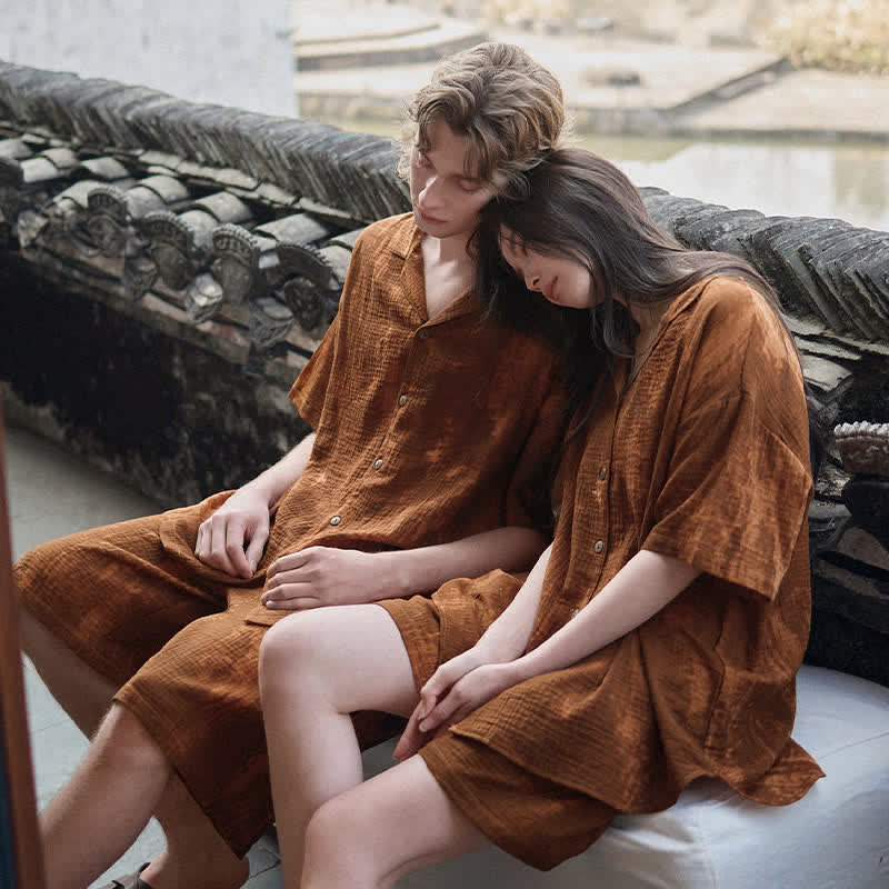 Rust Brown Matching Couple Cotton Pajamas - image 1