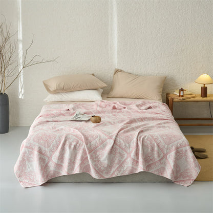 Retro Plaid Flower 3-Layer Muslin Throw Quilt - Pink - Queen - image 0
