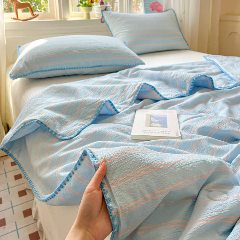 Mint Striped Trim Crinkled Knitted Cotton Quilt - Blue - Queen - image 6