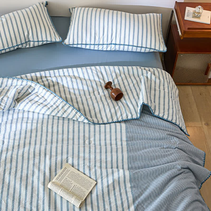 Shell Trim Two-Tone Stripe Cotton Bedding Set - Blue - Queen - Bedding Set (4PCS) - image 0