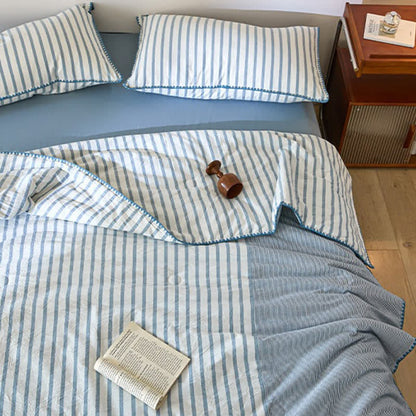 Shell Trim Two-Tone Stripe Cotton Bedding Set - Blue - Queen - Bedding Set (4PCS) - image 0