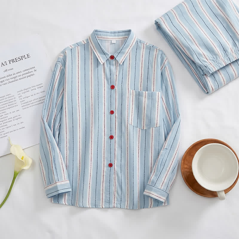 Red Accent Blue Stripe Double Gauze Pajamas - image 3