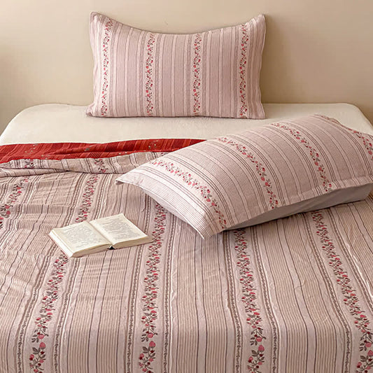 Blush Floral Stripe Washed Cotton Bedding Set - Pink - Queen - Bedding Set (3PCS) - image 0