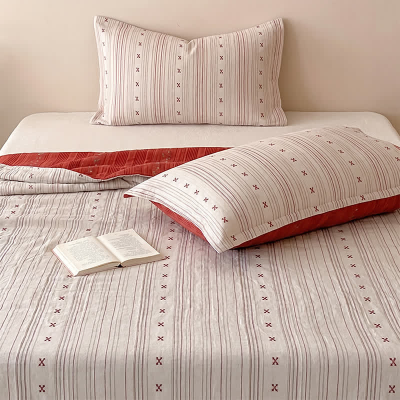 Cherry Stripe Red Trim Washed Cotton Bedding Set - Pink - Queen - Bedding Set (3PCS) - image 0