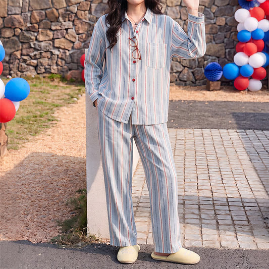 Red Accent Blue Stripe Double Gauze Pajamas - image 0