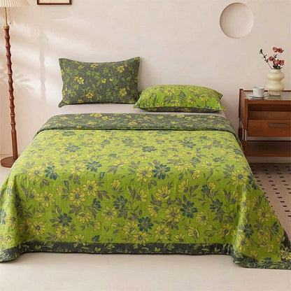 Vintage Green Floral Cotton Bedspread - Bedspread with 2PCS Pillowcases - King - image 0