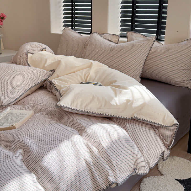 Stripe Scalloped Edge Washed Cotton Bedding Set - Grey - King - Fitted Sheet - image 4