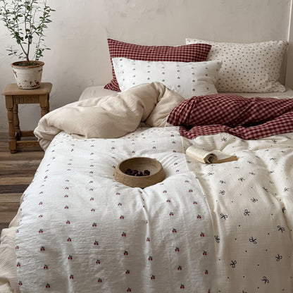Cherry Gingham Washed Cotton Soft Cozy Bedding Set - Red - Flat Sheet - King - image 0