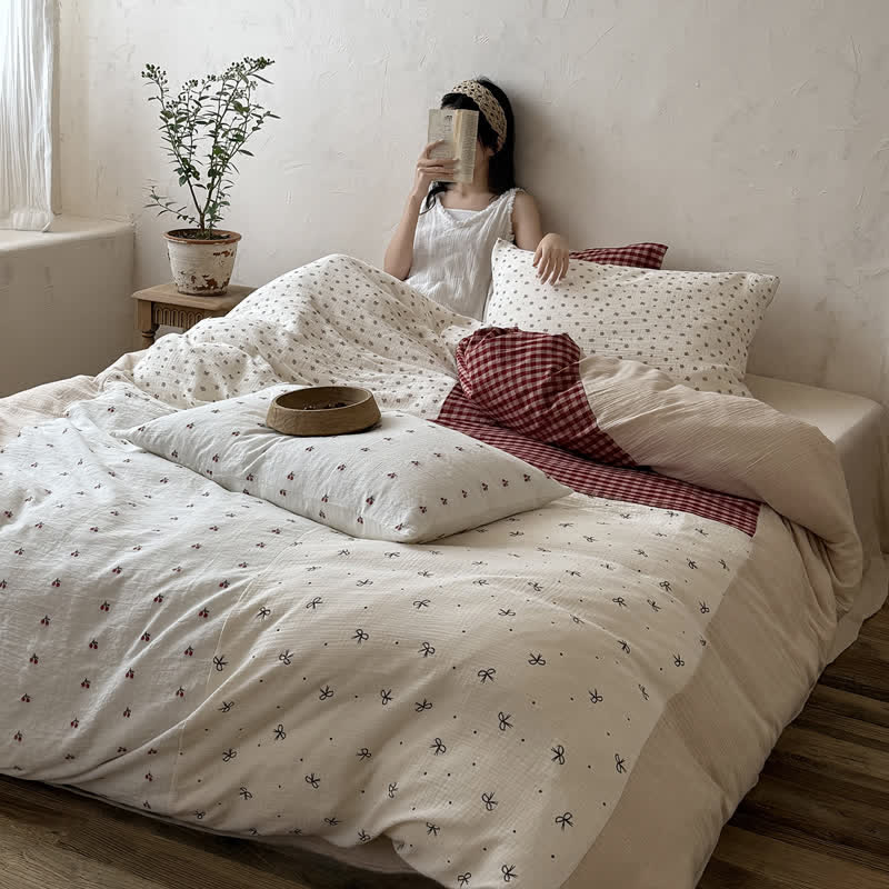 Cherry Gingham Washed Cotton Soft Cozy Bedding Set - image 3
