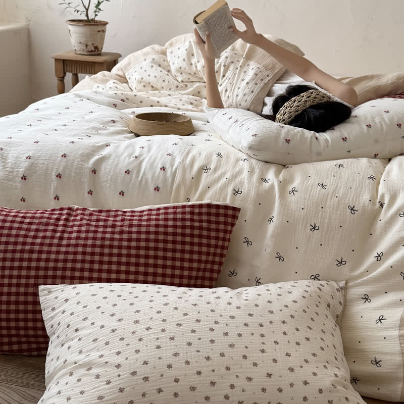 Cherry Gingham Washed Cotton Soft Cozy Bedding Set - image 4