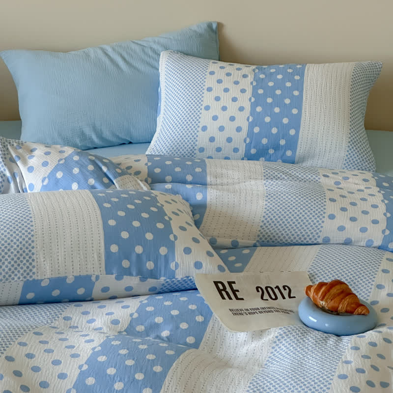 Patchwork Polka Dot Double Gauze Bedding Set - Blue - King - Fitted Sheet - image 0