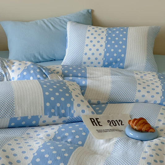 Patchwork Polka Dot Double Gauze Bedding Set - Blue - King - Fitted Sheet - image 0
