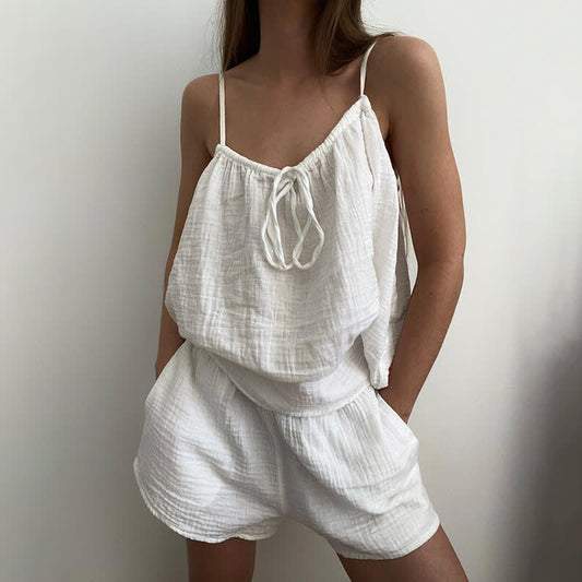 White Cotton Gauze Bow Lounge Set - image 0