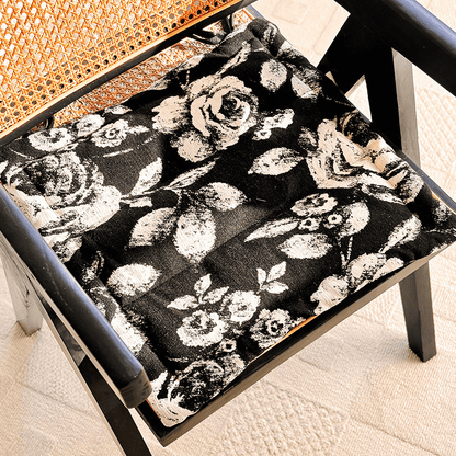Black & White Vintage Floral Chenille Chair Cushion - Black - 19.7" x 19.7" - image 0