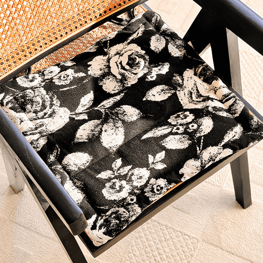 Black & White Vintage Floral Chenille Chair Cushion - Black - 19.7" x 19.7" - image 0