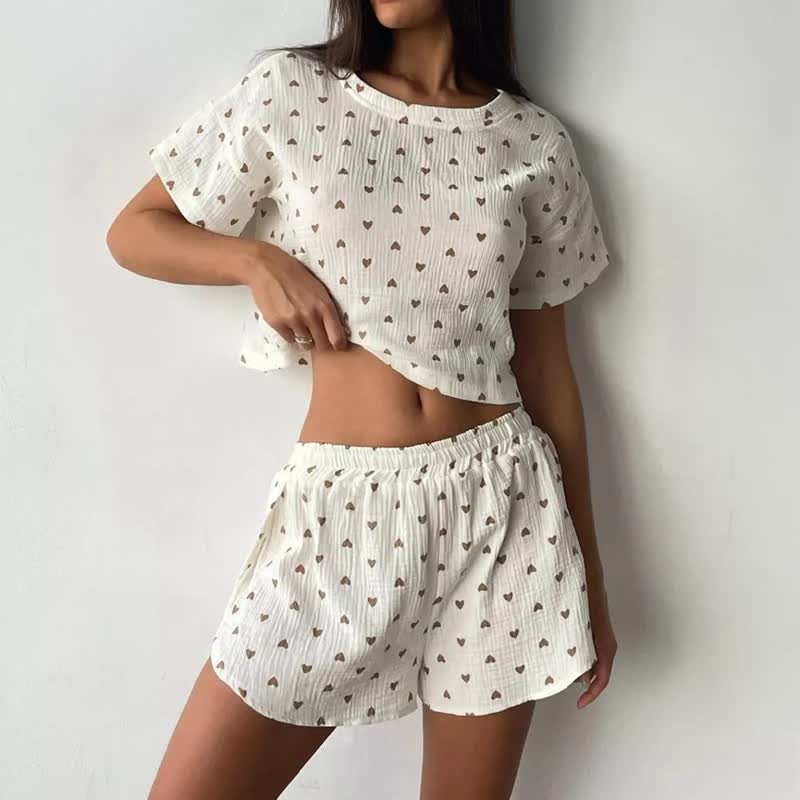 Apricot Heart Print Cotton Loungewear Set - image 1