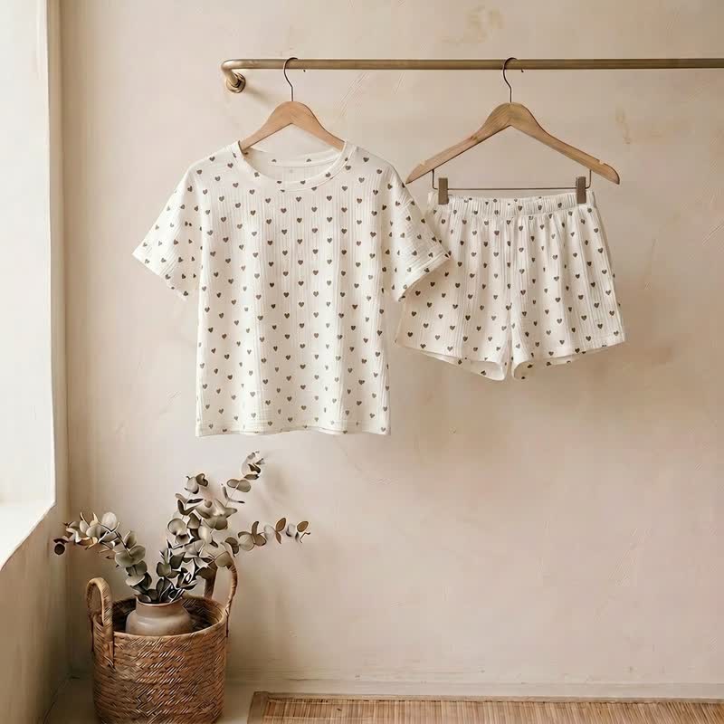 Apricot Heart Print Cotton Loungewear Set - Beige - XL - image 0