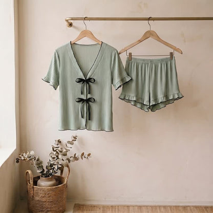 Pink Bow Detail Ruffle Hem Loungewear Set - Dark Sea Green - L - image 0