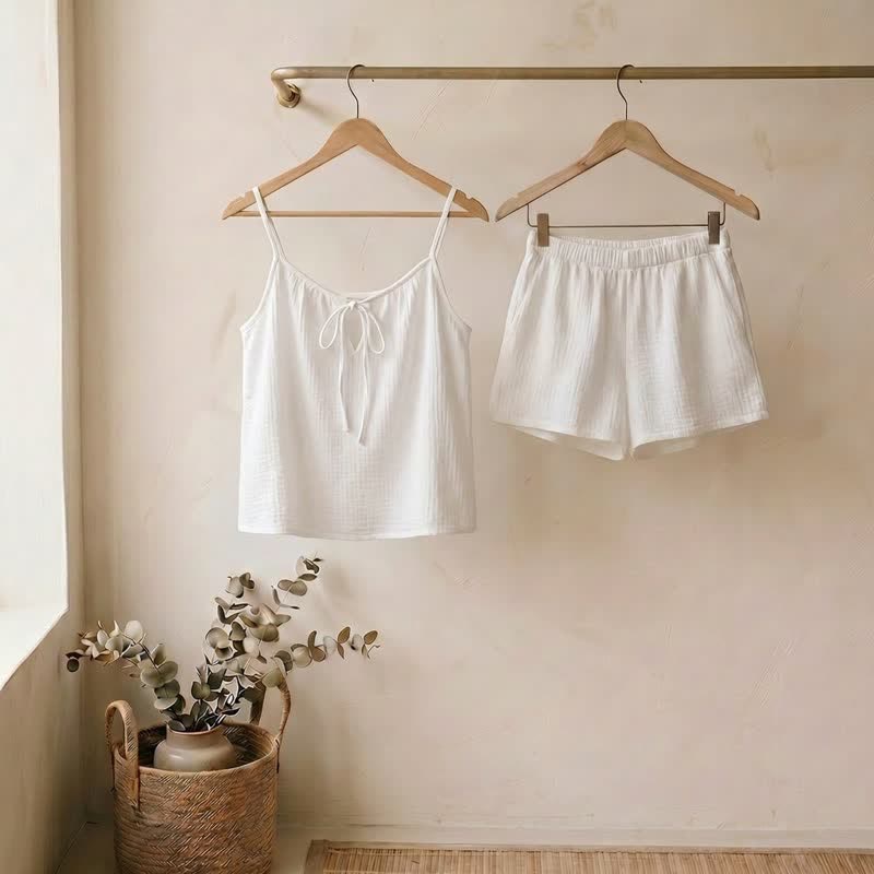 White Cotton Gauze Bow Lounge Set - White - L  - image 0