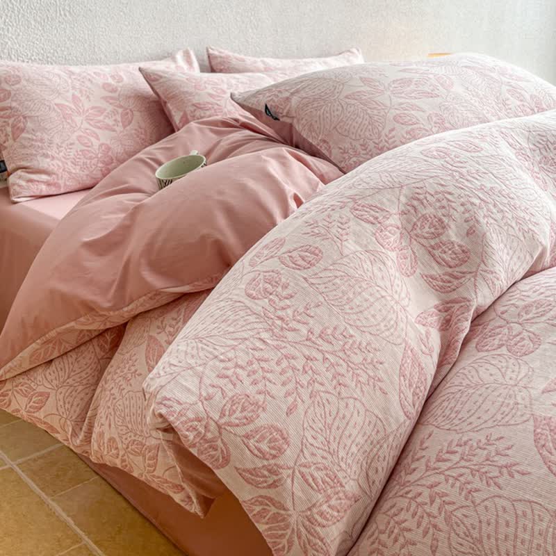 Botanical Whisper Washed Cotton Jacquard Bedding Set - Pink - King - Flat Sheet - image 0