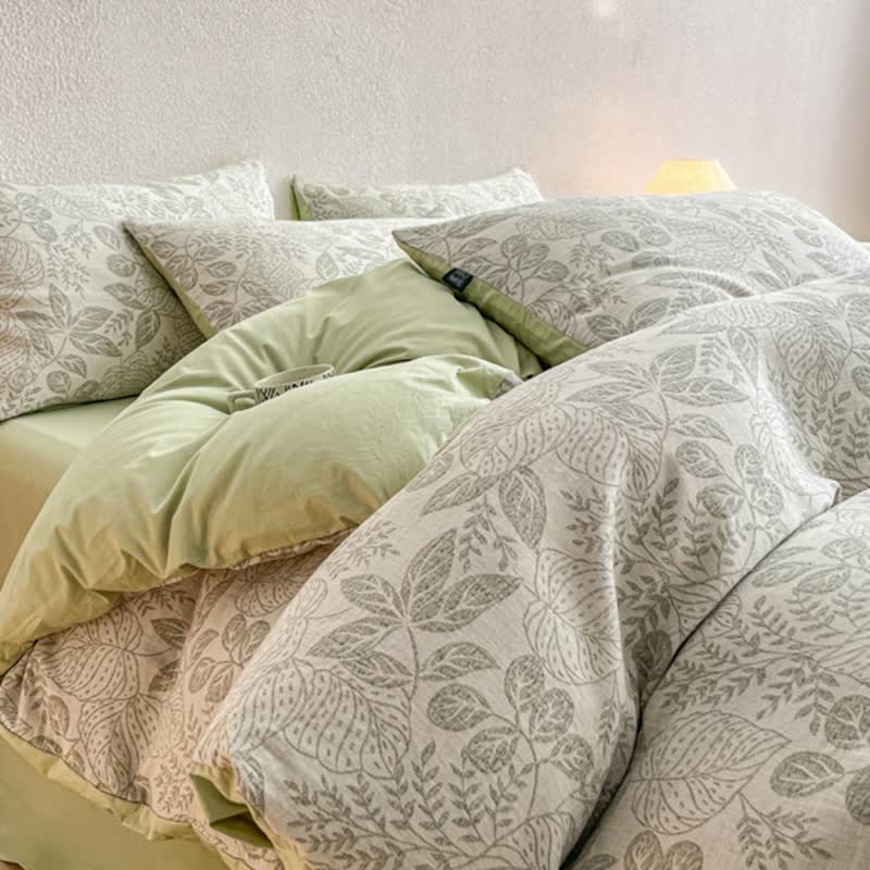 Botanical Whisper Washed Cotton Jacquard Bedding Set - Green - King - Flat Sheet - image 4