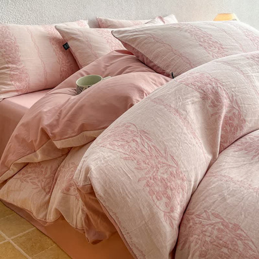 Washed Cotton Jacquard Botanical Bedding Set - Pink - King - Flat Sheet - image 0