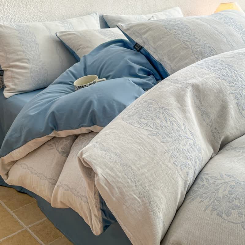 Washed Cotton Jacquard Botanical Bedding Set - Blue - King - Flat Sheet - image 12