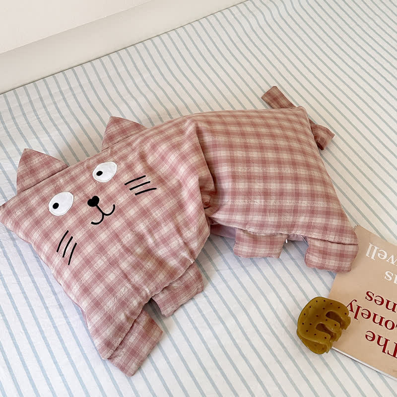 Plaid Cat Face Buckwheat Filled Pillow - Rose Pink - 11.02'' × 23.62'' - image 0