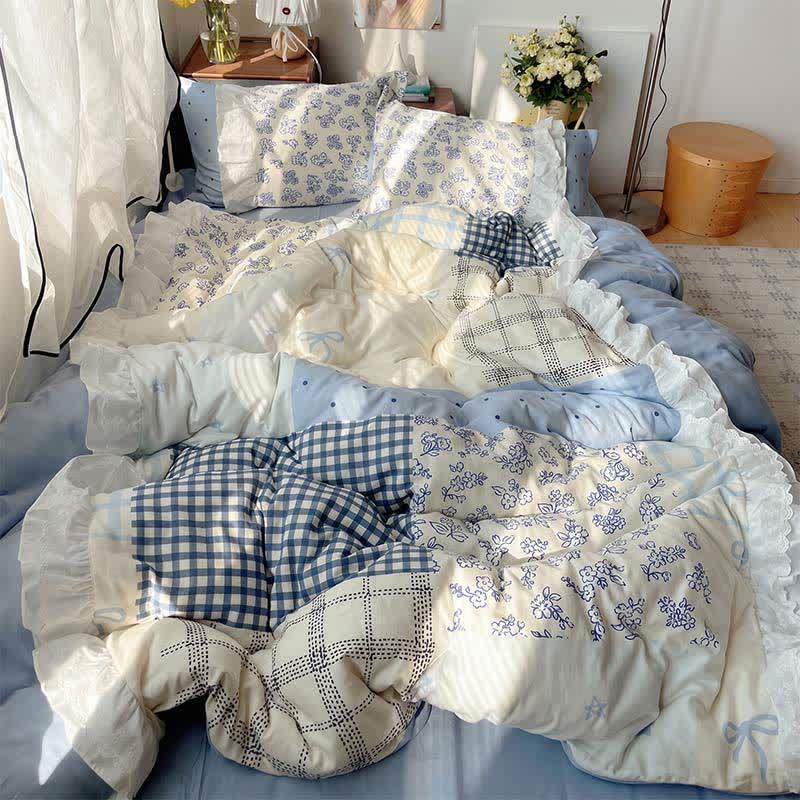 Mist Blue Floral Patchwork Cotton Gauze Ruffle Bedding Set - image 1
