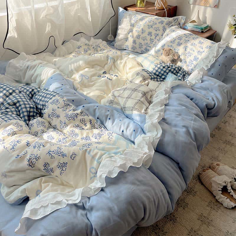 Mist Blue Floral Patchwork Cotton Gauze Ruffle Bedding Set - image 2