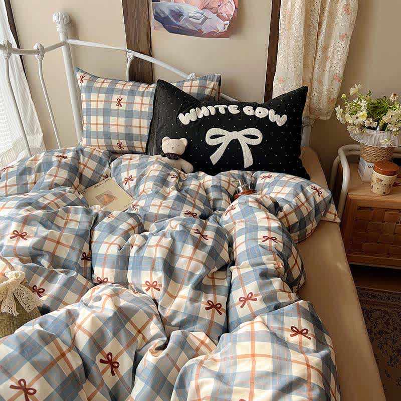 Soft Washed Cotton Bow Plaid Bedding Set - Blue - King - Flat Sheet - image 0